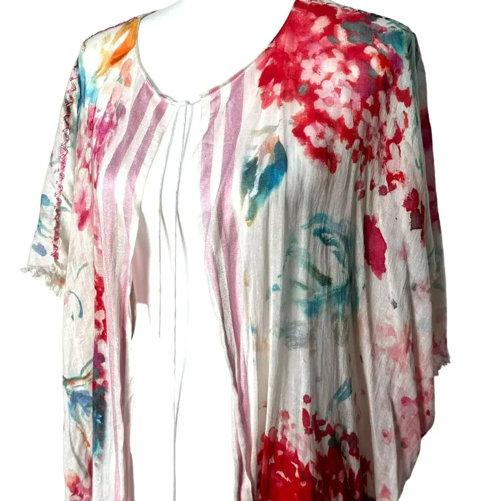 LAGUNA Watercolor Floral Silk Cotton Long Open Swim Cover Up Kaftan Kimono Boho‎
